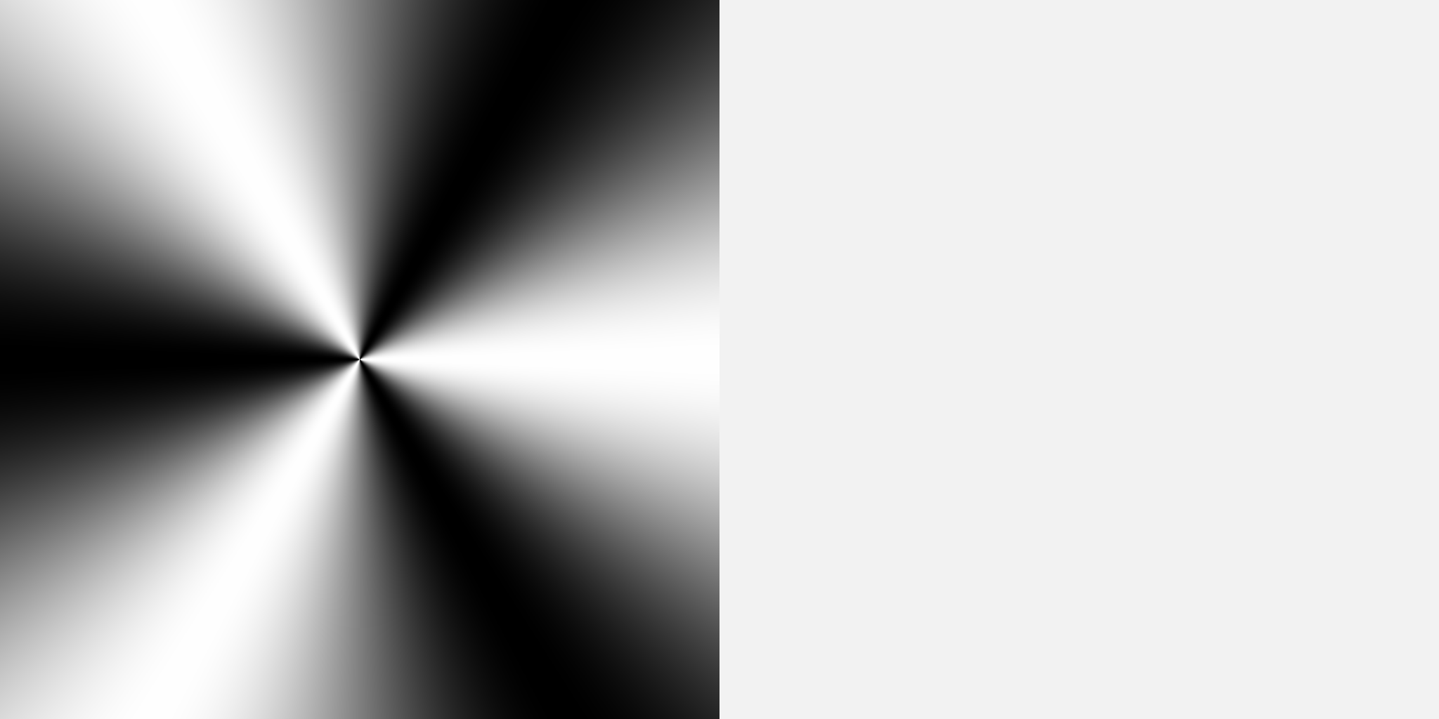 On the left, a greyscale representation of the function r e^{i\theta} \mapsto \cos 3\theta. On the right, the uniform image used as a source for the Poisson editing.